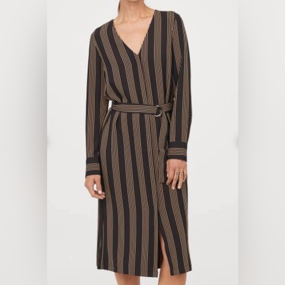 H&M Black and Tan Striped Long Sleeve Button Down Midi Dress with Belt, Size 6